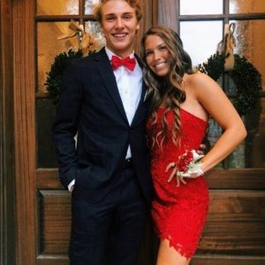 Sherri Hill strapless red lace short dress